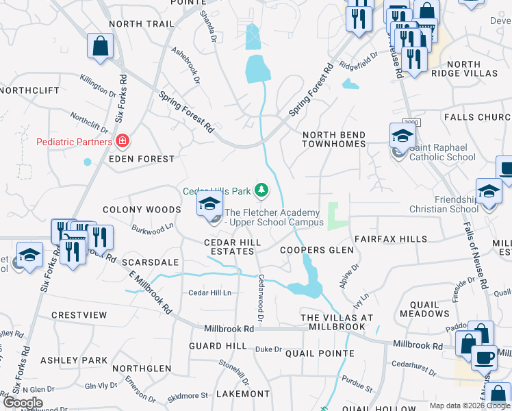 map of restaurants, bars, coffee shops, grocery stores, and more near 5513 Sweetbriar Drive in Raleigh