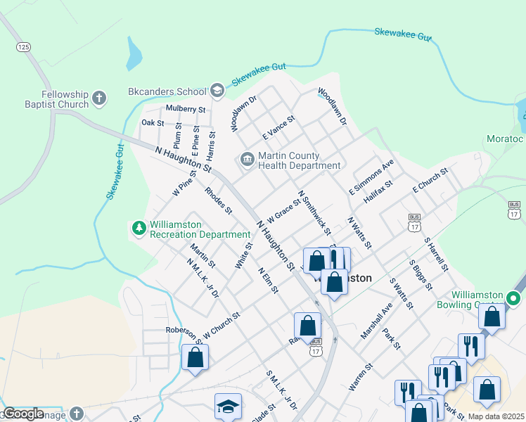 map of restaurants, bars, coffee shops, grocery stores, and more near 209 West Franklin Street in Williamston
