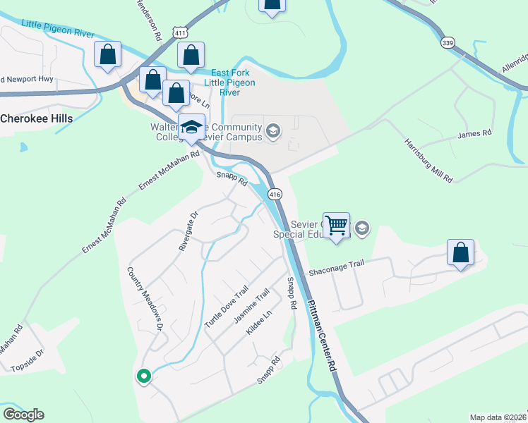 map of restaurants, bars, coffee shops, grocery stores, and more near 1514 River Colony Court in Sevierville