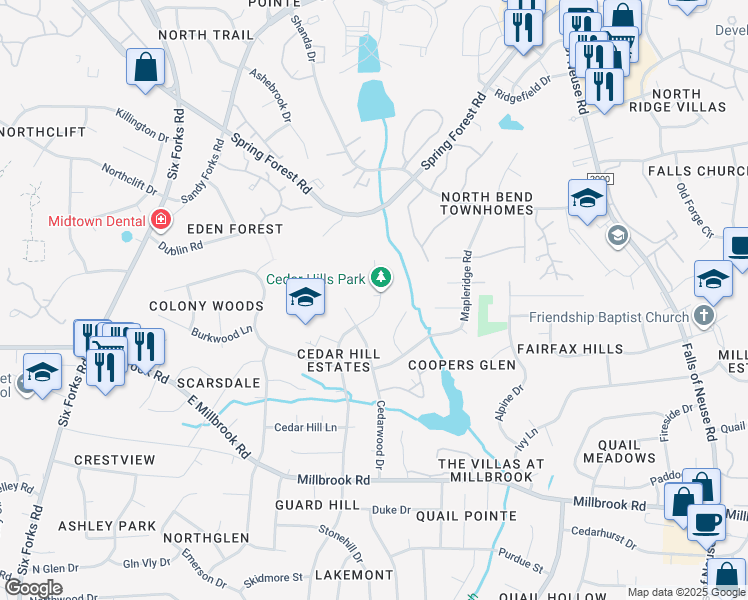 map of restaurants, bars, coffee shops, grocery stores, and more near 5513 Sweetbriar Drive in Raleigh