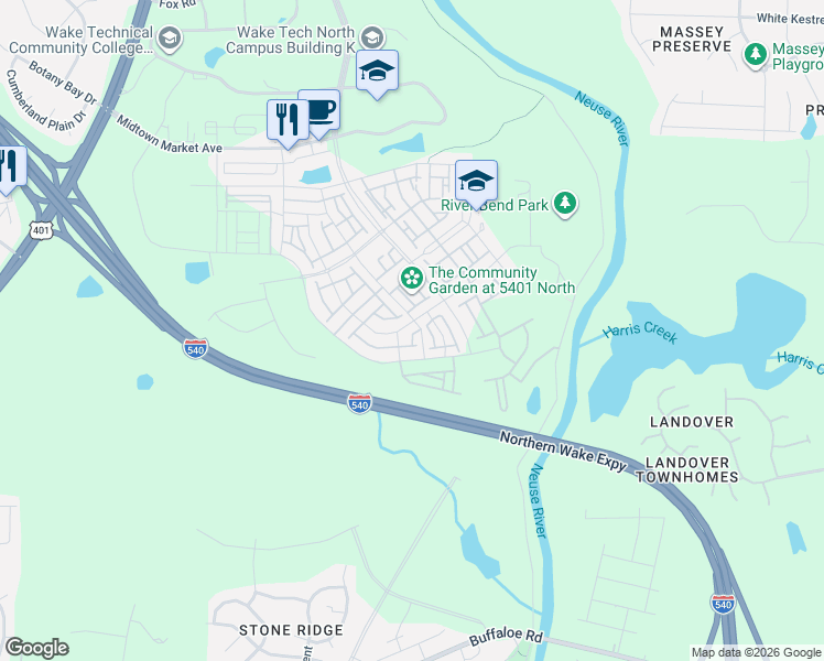 map of restaurants, bars, coffee shops, grocery stores, and more near 5914 Humanity Lane in Raleigh