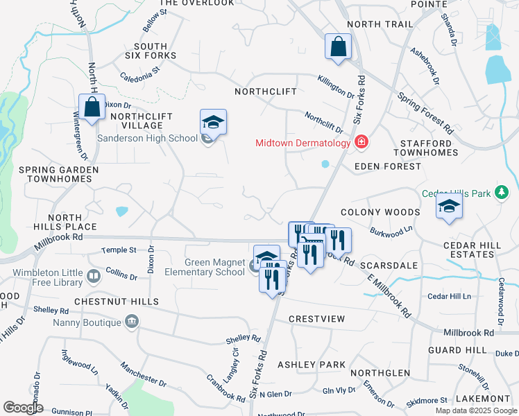 map of restaurants, bars, coffee shops, grocery stores, and more near 209 Loft Lane in Raleigh
