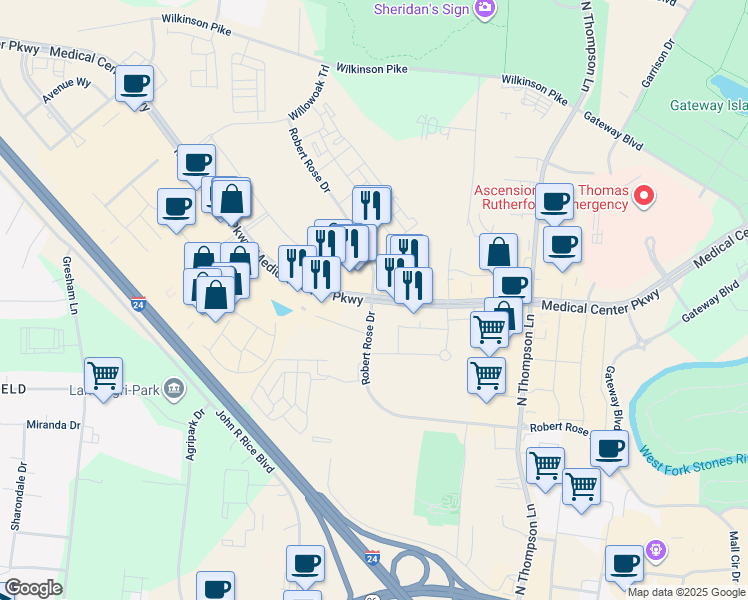 map of restaurants, bars, coffee shops, grocery stores, and more near 2331 Medical Center Parkway in Murfreesboro