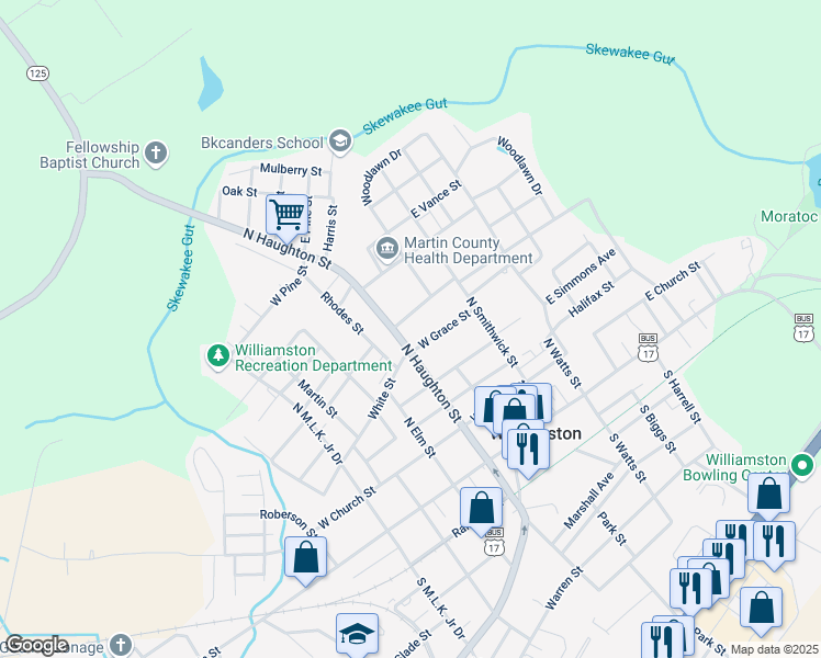 map of restaurants, bars, coffee shops, grocery stores, and more near 209 West Franklin Street in Williamston
