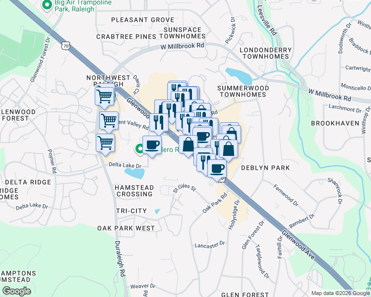 map of restaurants, bars, coffee shops, grocery stores, and more near Glenwood Avenue in Raleigh