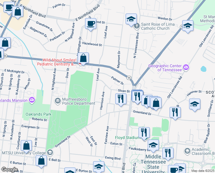 map of restaurants, bars, coffee shops, grocery stores, and more near 1011 Sloan Street in Murfreesboro