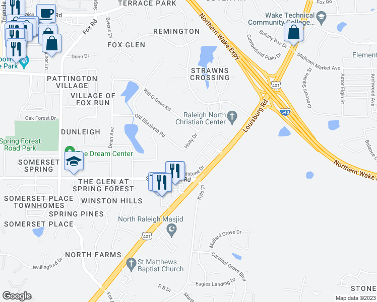 map of restaurants, bars, coffee shops, grocery stores, and more near 5900 Holly Drive in Raleigh