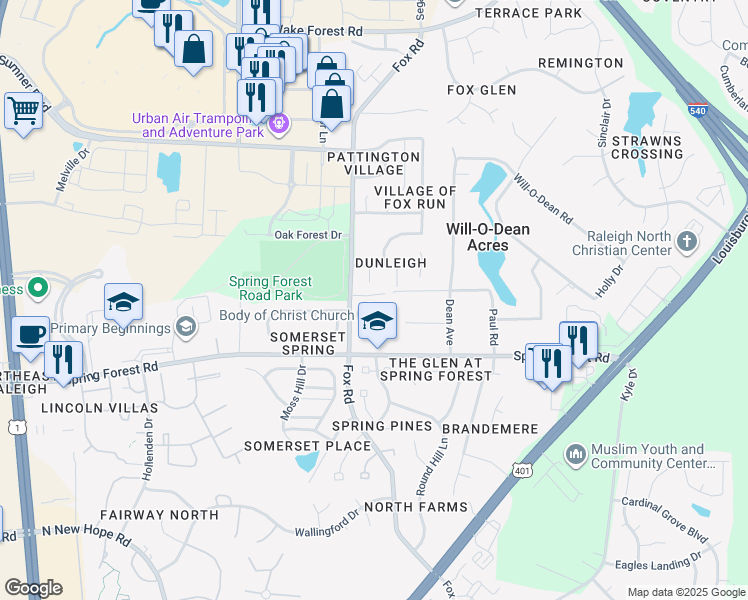 map of restaurants, bars, coffee shops, grocery stores, and more near 5616 Fox Road in Raleigh