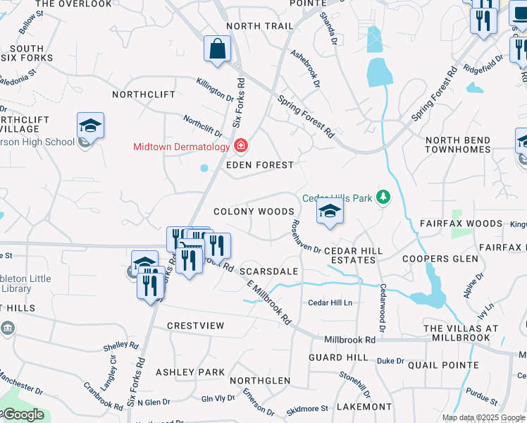 map of restaurants, bars, coffee shops, grocery stores, and more near in Raleigh
