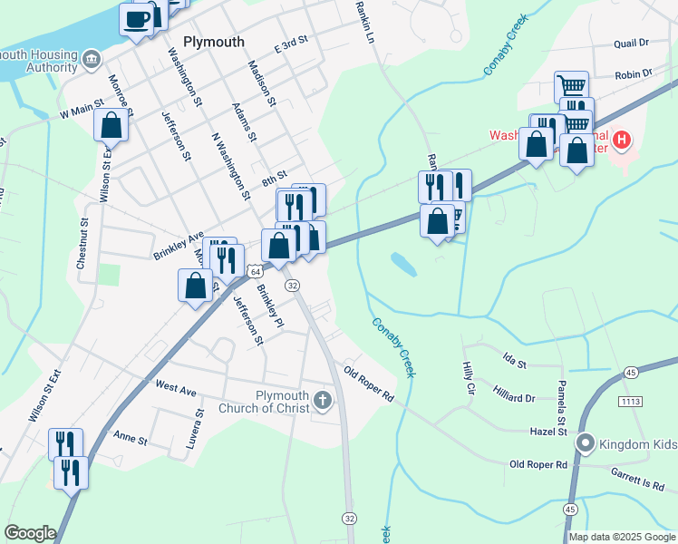 map of restaurants, bars, coffee shops, grocery stores, and more near 714 Washington Street in Plymouth
