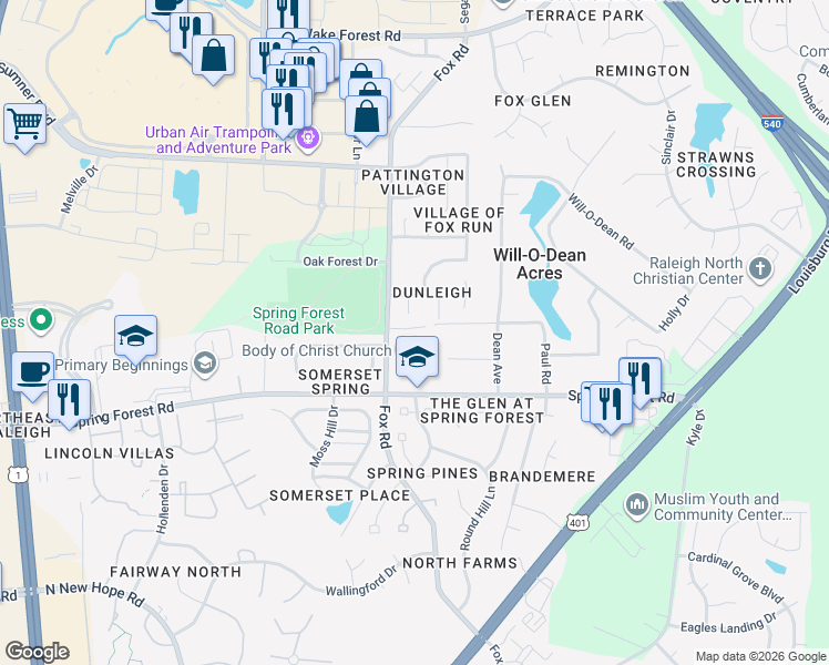 map of restaurants, bars, coffee shops, grocery stores, and more near 5616 Fox Road in Raleigh