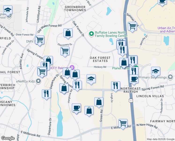 map of restaurants, bars, coffee shops, grocery stores, and more near 5609 Spring Court in Raleigh