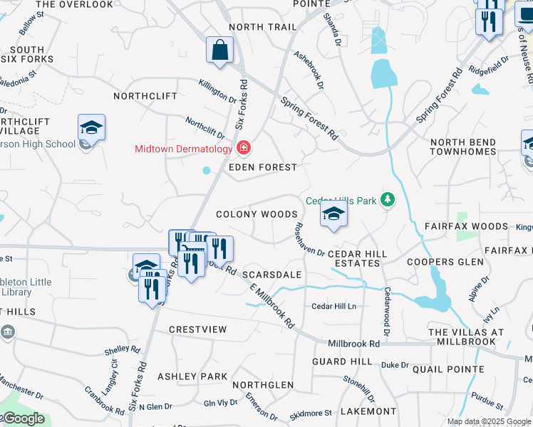 map of restaurants, bars, coffee shops, grocery stores, and more near in Raleigh