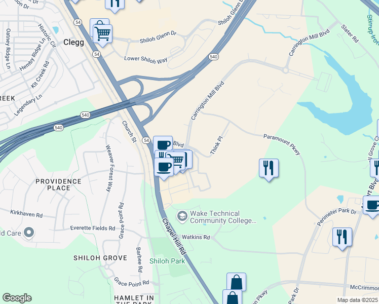 map of restaurants, bars, coffee shops, grocery stores, and more near 1001 Carrington Park Circle in Morrisville