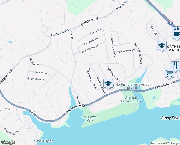 map of restaurants, bars, coffee shops, grocery stores, and more near 1919 Winding Ridge Trail in Knoxville