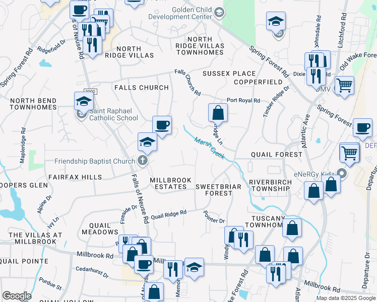 map of restaurants, bars, coffee shops, grocery stores, and more near 5352 Topspin Court in Raleigh