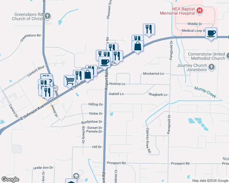 map of restaurants, bars, coffee shops, grocery stores, and more near 4111 Oakhill Lane in Jonesboro