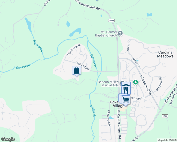 map of restaurants, bars, coffee shops, grocery stores, and more near 31 Shady Creek Drive in Chapel Hill