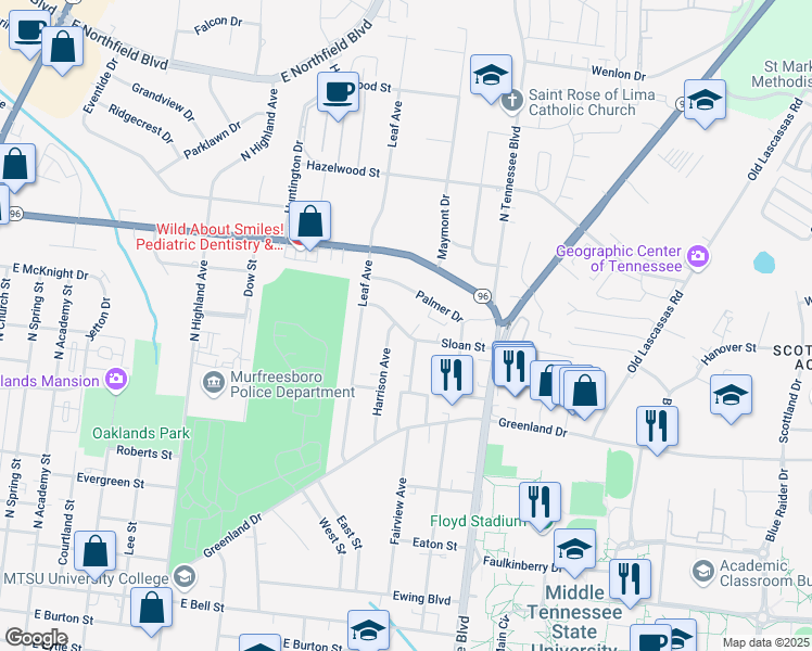map of restaurants, bars, coffee shops, grocery stores, and more near 1007 Sloan Street in Murfreesboro