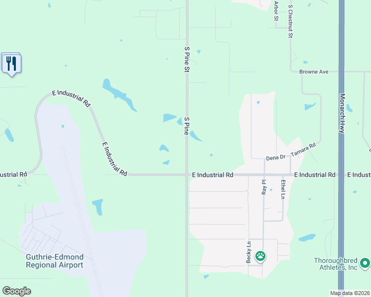 map of restaurants, bars, coffee shops, grocery stores, and more near South Pine in Guthrie
