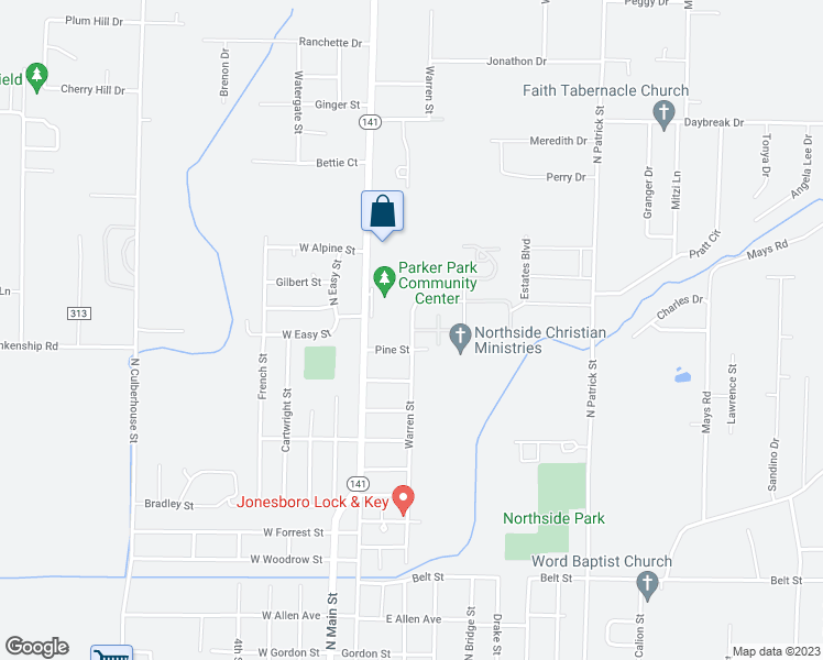 map of restaurants, bars, coffee shops, grocery stores, and more near 1501 Warren Street in Jonesboro