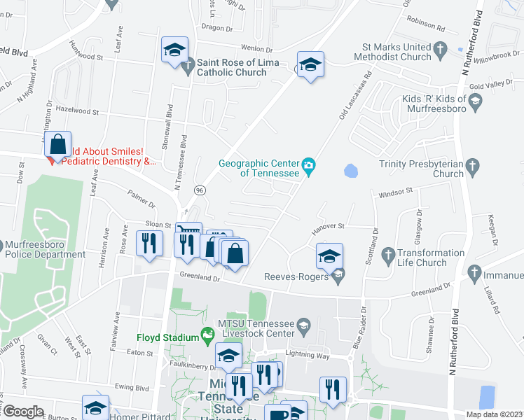 map of restaurants, bars, coffee shops, grocery stores, and more near 1622 Center Pointe Drive in Murfreesboro