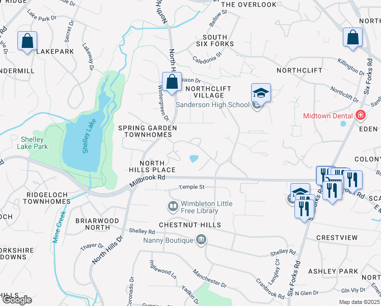 map of restaurants, bars, coffee shops, grocery stores, and more near 905 Shellbrook Court in Raleigh