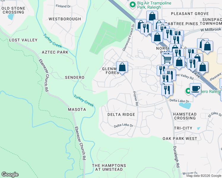 map of restaurants, bars, coffee shops, grocery stores, and more near 4826 Black Mountain Path in Raleigh