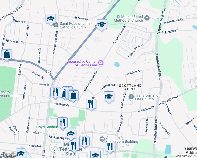 map of restaurants, bars, coffee shops, grocery stores, and more near 1214 Old Lascassas Road in Murfreesboro