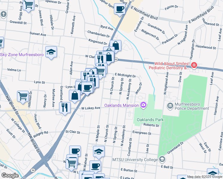 map of restaurants, bars, coffee shops, grocery stores, and more near 1008 North Church Street in Murfreesboro