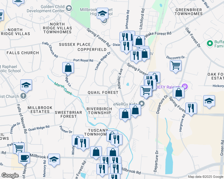 map of restaurants, bars, coffee shops, grocery stores, and more near 5701 Turtle Cove in Raleigh