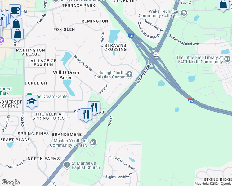 map of restaurants, bars, coffee shops, grocery stores, and more near 5915 Louisburg Road in Raleigh