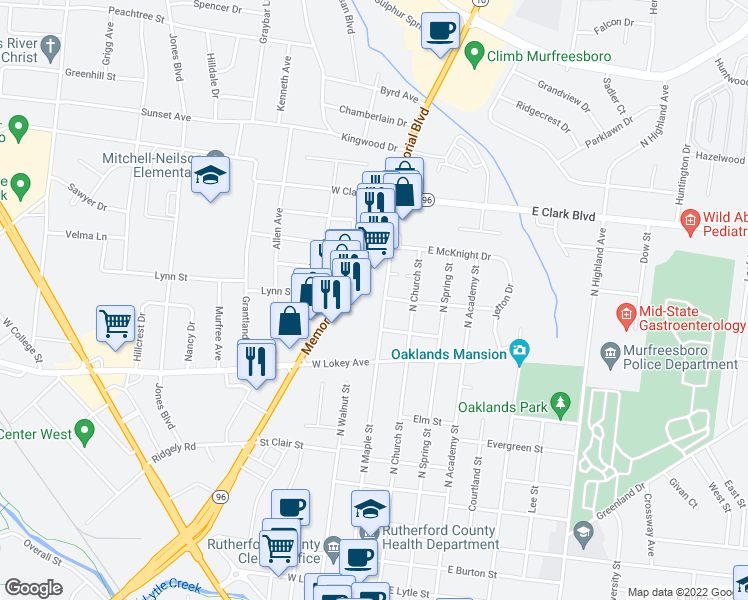 map of restaurants, bars, coffee shops, grocery stores, and more near 1006 North Maple Street in Murfreesboro