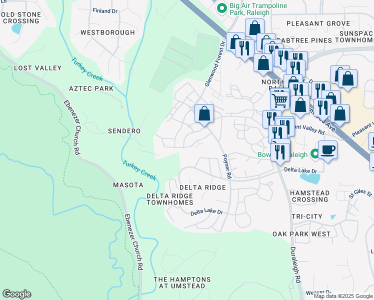 map of restaurants, bars, coffee shops, grocery stores, and more near 4963 Lady of the Lake Drive in Raleigh