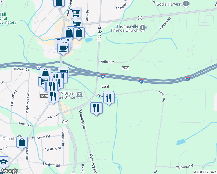 map of restaurants, bars, coffee shops, grocery stores, and more near 289 South Old Raleigh Road in Thomasville