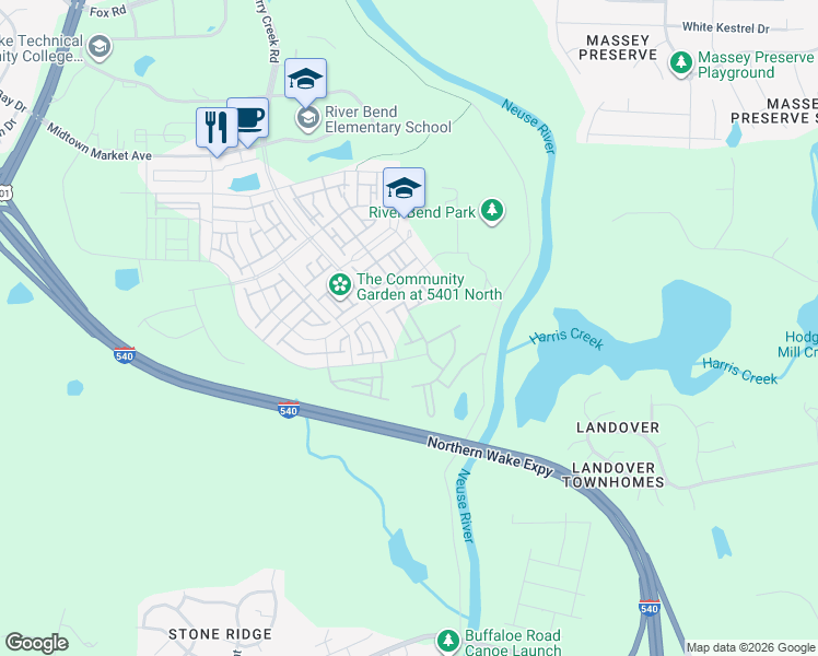 map of restaurants, bars, coffee shops, grocery stores, and more near Northern Wake Expressway in Raleigh