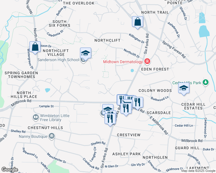 map of restaurants, bars, coffee shops, grocery stores, and more near 214 Loft Lane in Raleigh
