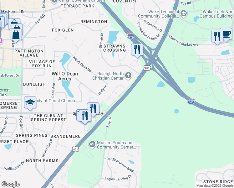 map of restaurants, bars, coffee shops, grocery stores, and more near 5721 Goodstone Drive in Raleigh