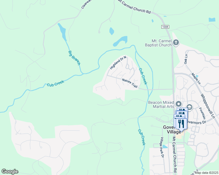map of restaurants, bars, coffee shops, grocery stores, and more near 120 Highland Drive Southeast in Chapel Hill
