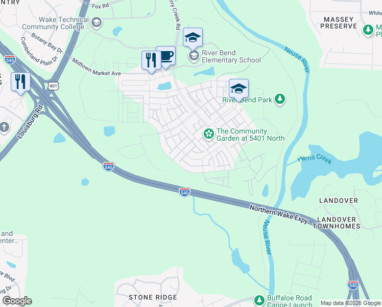 map of restaurants, bars, coffee shops, grocery stores, and more near 6125 Giddings Street in Raleigh