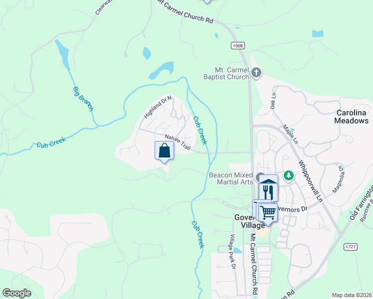 map of restaurants, bars, coffee shops, grocery stores, and more near 31 Shady Creek Drive in Chapel Hill