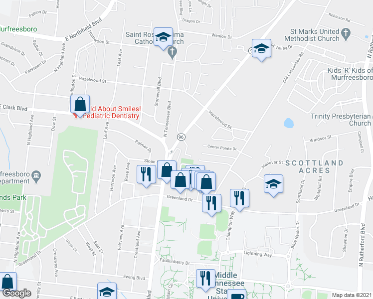 map of restaurants, bars, coffee shops, grocery stores, and more near 1311 Greenland Drive in Murfreesboro