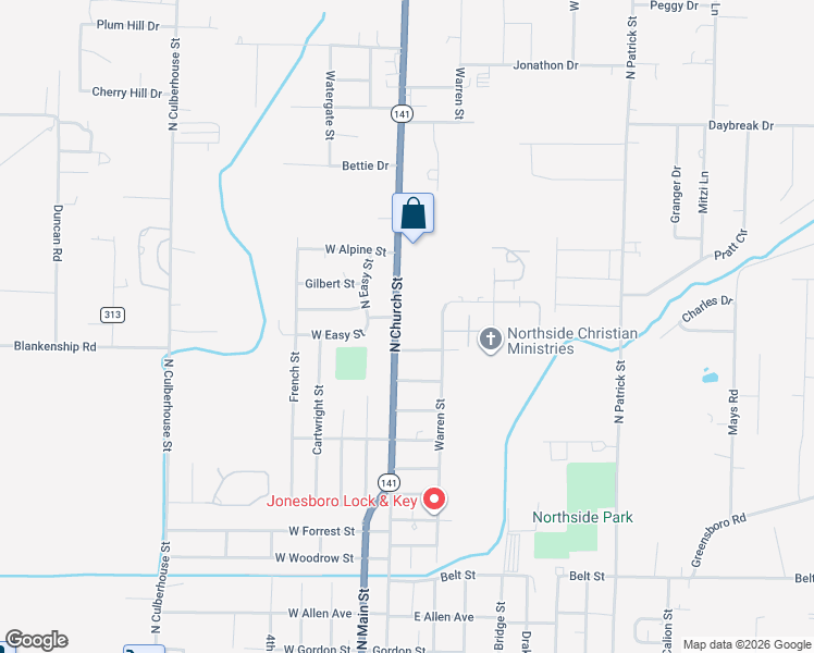 map of restaurants, bars, coffee shops, grocery stores, and more near 1311 North Church Street in Jonesboro