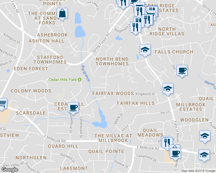 map of restaurants, bars, coffee shops, grocery stores, and more near 800 Silver Leaf Place in Raleigh