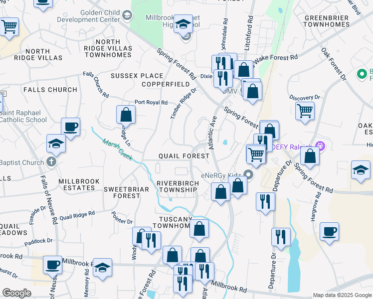 map of restaurants, bars, coffee shops, grocery stores, and more near 5621 Timber Ridge Drive in Raleigh