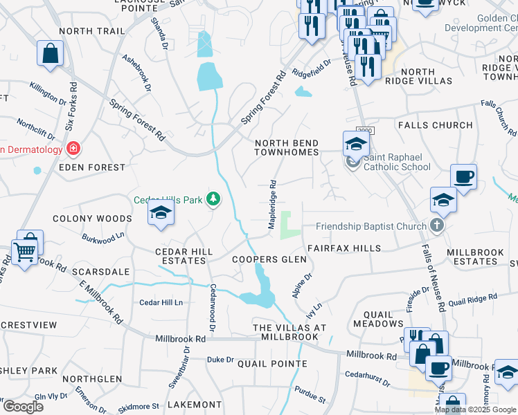 map of restaurants, bars, coffee shops, grocery stores, and more near 708 Silver Leaf Place in Raleigh