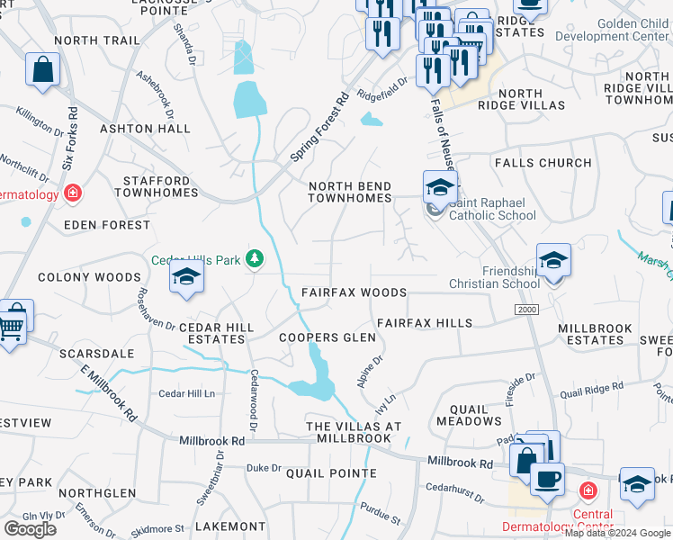 map of restaurants, bars, coffee shops, grocery stores, and more near 800 Silver Leaf Place in Raleigh