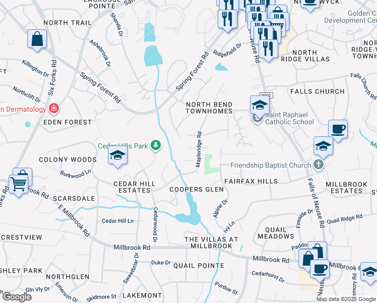 map of restaurants, bars, coffee shops, grocery stores, and more near 708 Silver Leaf Place in Raleigh