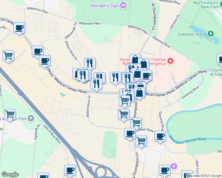 map of restaurants, bars, coffee shops, grocery stores, and more near 2130 Medical Center Parkway in Murfreesboro