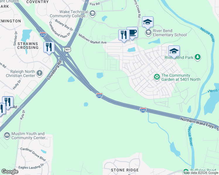 map of restaurants, bars, coffee shops, grocery stores, and more near 5305 Crescent Square Street in Raleigh